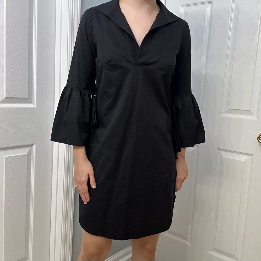 MONICA NERA Shirt Dress Tunic Black Minimalist Academia Tie Sleeve Size Small